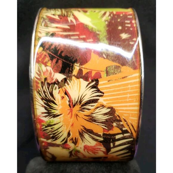 Chunky Wide Boho Fall Colored Leaves Patten Clamper Bangle Bracelet Gold Tone - Picture 4 of 14